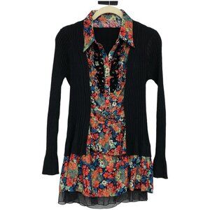 Red Multicolor Floral Silk Blend Collared tunic Attached Black Cardigan Set